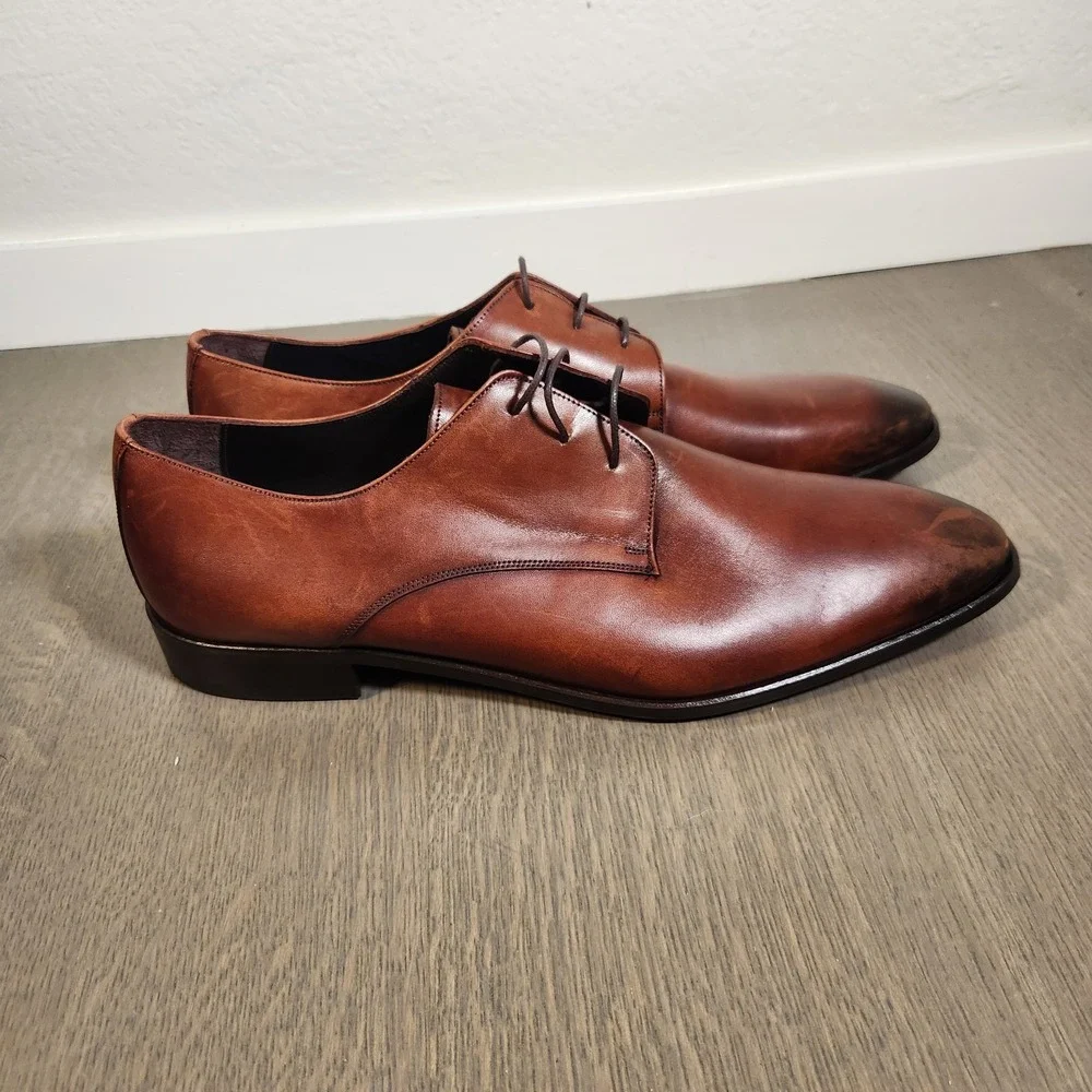 Vellapais Men's Brown Burnished Leather Derby Dress Shoes Size 14 EU 49 48549